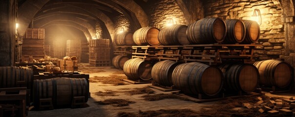 Wall Mural - Modern luxury underground interior of old cellar with wine wooden barrels, panorama. Generative Ai.