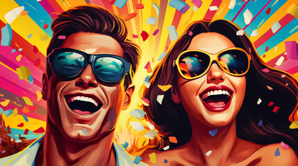 Wall Mural - Lively vibrant portrait of laughing couple in sunglasses against multicolored background adorned with vivid confetti in retro pop art style, joyful celebration and moments of happiness of togetherness