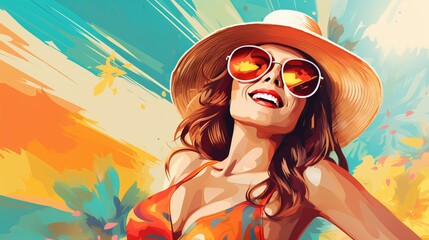 Retro pop art style portrait of girl at beach wearing sun hat with sunglasses against vibrant background embodies her alluring charm, vintage vacation advertisement with attractive female