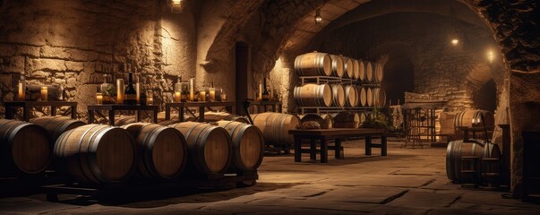 Modern luxury underground interior of old cellar with wine wooden barrels, panorama. Generative Ai.