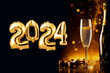 2024 New Year's celebration with champagne and golden balloons in the shape of 2024. New Year's party invitation with a festive bokeh background in gold and black colors.