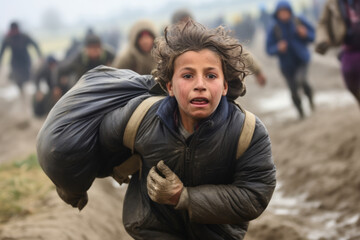 Refugee boy tries to cross the border. Refugees in dirty clothes in rainy weather flee across the border.