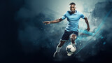 Fototapeta Młodzieżowe - Young sporty athletic african man wearing in blue sport clothes, soccer football player in action on dark blue background. Concept of sport, game, action. Copy space for ad. Modern design background