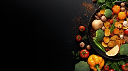 Vegetarian preparation of autumn harvest with copper pan on dark backdrop