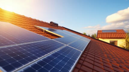 Wall Mural - Solar panels on the roof of a house capturing sunlight