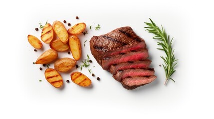 Fototapete - Top view of isolated grilled beef steak and potatoes on white background