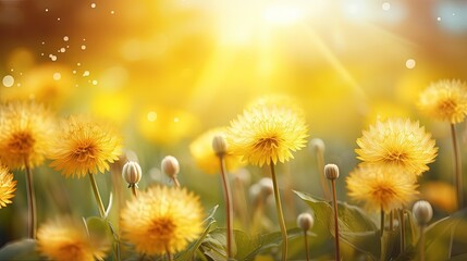 Soft focused macro image of vibrant yellow dandelion flowers in sunny meadows during warm seasons showcasing the dreamy artistic beauty of nature