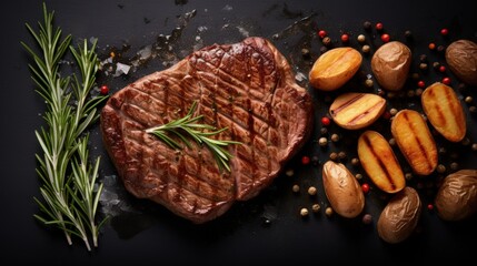 Fototapete - Top view of isolated grilled beef steak and potatoes on white background