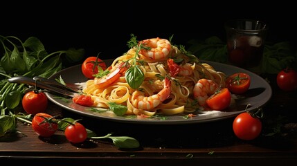 Aufkleber - Shrimp tomatoes and herbs on fettuccine pasta