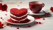 Valentine s dessert heart shaped red velvet cake and coffee captured in a close up on a white table