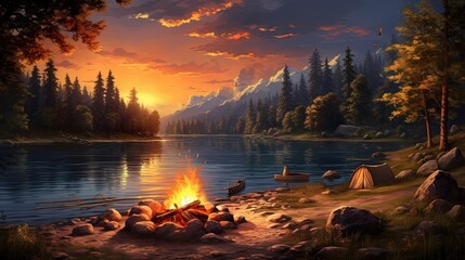 Aufkleber - Picturesque campfire at twilight in the woods