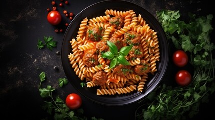 Top view of fusilli pasta with meatballs in tomato vegetable sauce garnished with herbs and grated cheese on a dark background with space to copy