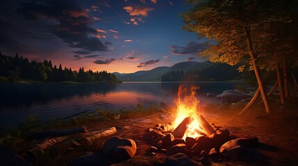 Aufkleber - Picturesque campfire at twilight in the woods
