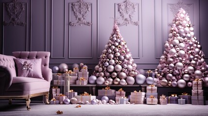 Wall Mural - Décoration de Noël avec un sapin et des boules de couleur violette.