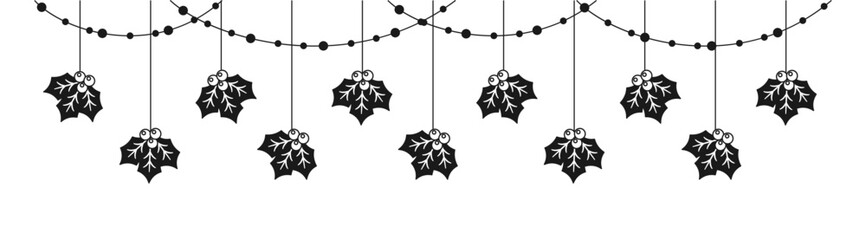 Wall Mural - Merry Christmas Border Banner, Hanging Mistletoe Garland Silhouette. Winter Holiday Season Header Decoration. Vector illustration.