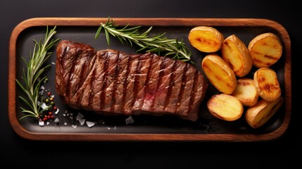 Fototapete - Top view of isolated grilled beef steak and potatoes on white background