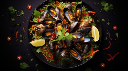 Aufkleber - Thai style fusion salad topped with lemon mussels and decorative elements