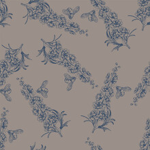 Seamless Vector Botanical Pattern With A Hand-drawn Delphinium Flower With A Bee In The Linart Style On A Beige Gray Background