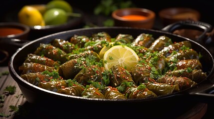 Wall Mural - Delicious dolma - stuffed grape leaves with rice and meat in pot on dark background. Traditional Greek, Caucasian and Turkish cuisine. AI generated