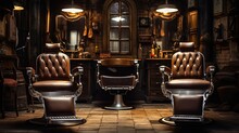 Vintage Barber Chairs Complementing A Wooden Interior Reflecting A Barbershop Theme
