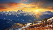 Beautiful Sundown In Bavarian Alps, Winter Sun, Mountains, Sunrise Over The Range, Dark Gold And Orange In The Style Of Classical Layered Landscape