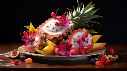 Poster - Serving exotic fruit salad in a dragon fruit half on palm leaves with tropical flowers