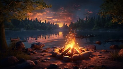 Aufkleber - Picturesque campfire at twilight in the woods