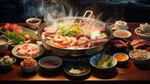 Popular Japanese Dish Of Meat Seafood And Veggies Served On A Table With A Boiling Pot In A Restaurant