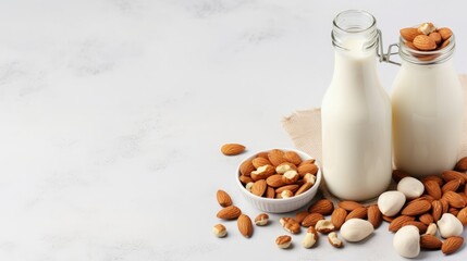 Aufkleber - Text space available on flat surface with vegan milk and assorted nuts