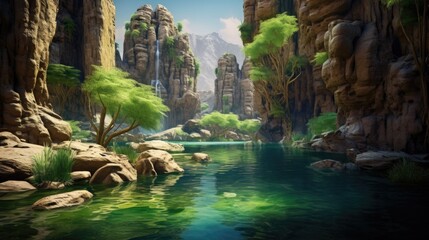 Sticker - A river in the middle of a canyon with rocks and trees, AI