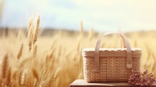 Shavout Holiday Mockup With Empty Picnic Basket On Wooden Table Over Wheat Field