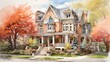 Watercolor painting of a victorian house in the fall, AI