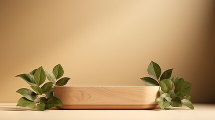 Poster - Wooden podium with leaf shadows on beige background ideal for product presentation and banners