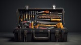 Fototapeta  - Various work tools in a toolbox on a gray background