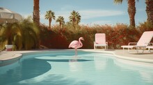 Pink Flamingo And Swan Floatie In Palm Springs Pool