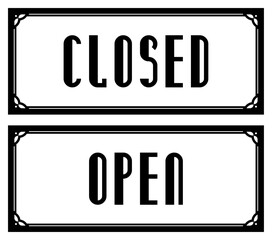 Wall Mural - Open Closed entrance door signs for stores, shops, cafes, restaurants. Long vector rectangular signboards with border frames. For wood or laser cutting, doorplates, plaques