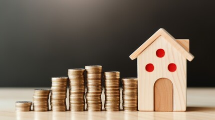 Wall Mural - Small house on wooden block with rising red percentage and pile of coins