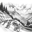 Rennradfahrer auf einer sonnigen Alpenstraße. Die Gesichtsausdrücke der Radfahrer zeigen ihre Anstrengung und Konzentration. Schwarz weiß gezeichnet in den Bergen