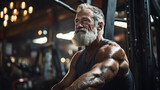 Fototapeta  - Old man training muscle in a dusted gym, depth of field, strong man