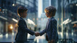 © LiezDesign - Two business kids shaking hands in front of office building.