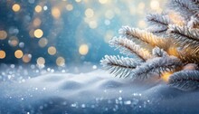 Beautiful Winter Background Image Of Frosted Spruce Branches And Small Drifts Of Pure Snow With Bokeh Christmas Lights And Space For Text.