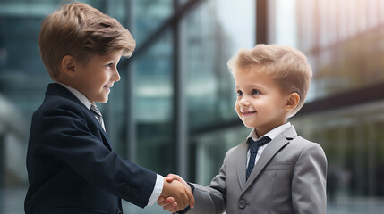 Two business kids shaking hands in front of office building.