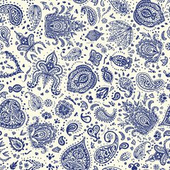 Wall Mural - Damask paisley seamless repeat pattern on white background. Random placed, blue vector heritage, boho elements all over surface print.