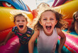 Kids on the inflatable bounce house, Capture the joyous energy of group of little Caucasian girls at playing bouncing and laughing in an inflatables bouncer castle