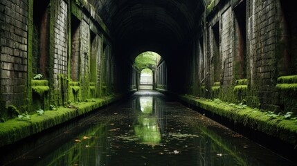 Canvas Print - A long tunnel with green moss growing on the walls, AI