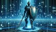 A digital knight stands vigilant in a vibrant cyberspace, shielded against a torrent of data streams and glowing numbers. This symbolic guardian represents the frontline of cybersecurity.