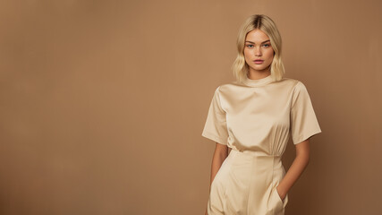 Wall Mural - A young blond woman in beige dress stands against a solid beige background. Studio. Isolated beige background. 