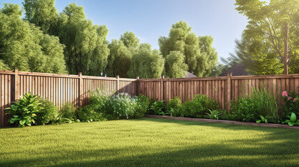 Wall Mural - green grass lawn, flowers and wooden fence in summer backyard garden