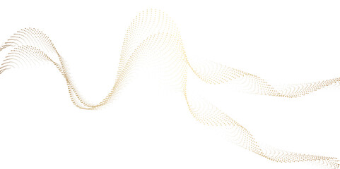 Abstract flowing golden dots particles wave curved lines on transparent background. Frequency sound, technology curve dots lines. Design for technology, science, banner, business, games.