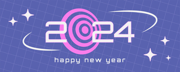 Wall Mural - happy new 2024 year greeting in retro y2k aesthetics with grid and blinks, futuristic nostalgia. vec